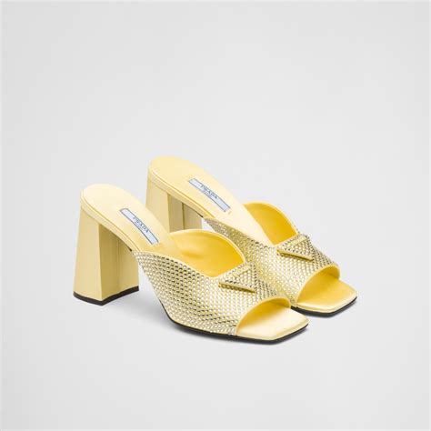 yellow prada crystal sandals|Pineapple Yellow Satin heeled sandals with crystals .